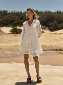 MOTF STUDIO VESTIDO CORTO HOLGADO DE MUJER CON ESTAMPADO FLORAL DE GASA, VOLANTES Y ENCAJE PARCHE, PRIMAVERA/VERANO - Amarillo claro - Ver 4