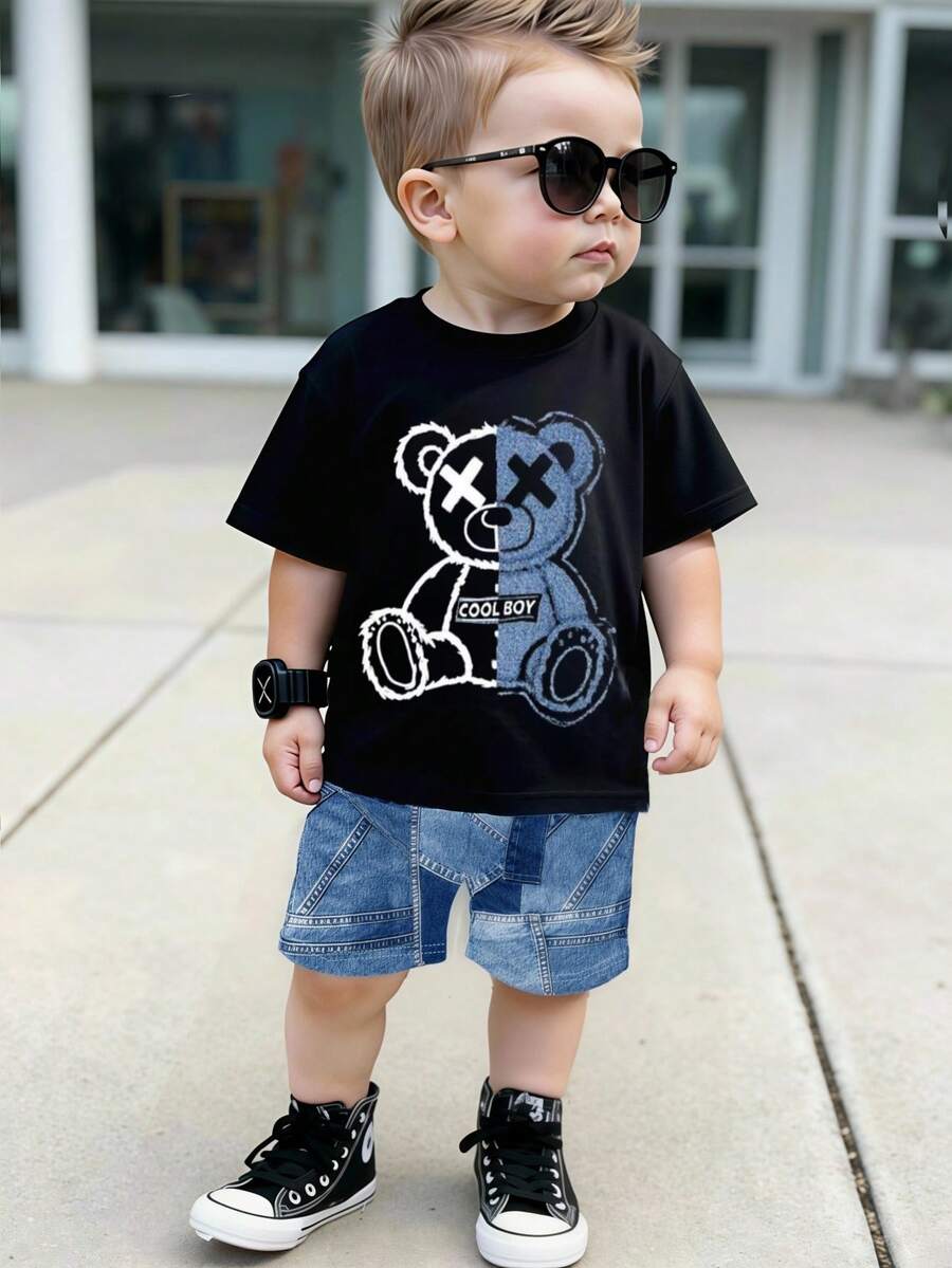 两件套时尚舒适的男童小熊图案T恤和牛仔短裤，男童套装，适合春夏穿着，百搭日常穿搭、拍照、情人节礼物 - 彩色 - 查看 1