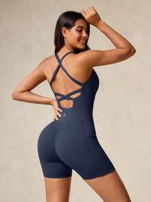 OutZeal 女士运动连体衣 夏季春季 夏季健身房瑜伽健身吸汗交叉肩带露背可拆卸胸垫 - 霧霾藍 - 查看 7