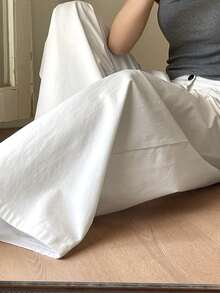 DAZY 女士常规款中腰褶裥宽松直筒休闲裤 - 白色 - 查看 7