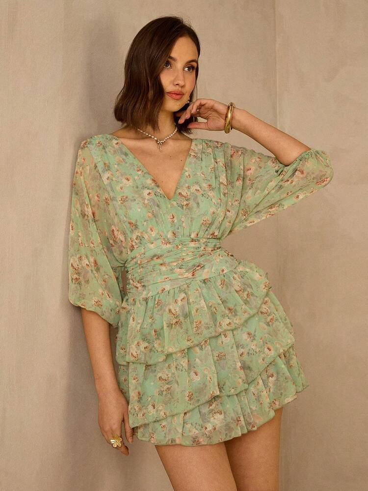 Enchnt Vestido mini elegante de verano para mujer con manga farol, volante en el bajo y estampado floral diminuto - Verde - Añade 4