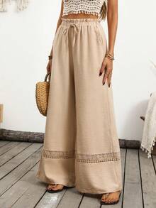 Breezaya Quần ống rộng nữ mùa hè, màu trơn, phối nơ, có túi. - Màu Khaki - Xem 5