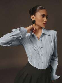 Hauture Women's Sexy Office Casual Bold Shoulder With Boning Long Sleeves Shirt Bodysuit - Blue - View 5