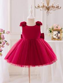 Glamorique Kids 女婴勃艮第缎面网眼高端礼服，3D 花朵，大蝴蝶结后背，蓬松裙摆，适合圣诞节、万圣节、婴儿生日派对，无袖套头连衣裙，适合庆祝、宴会、派对 - 酒紅色 - 查看 2