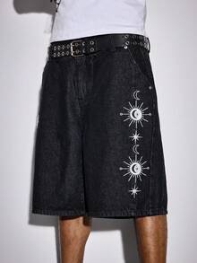 ROMWE MEN Street Life Men's Star & Moon Embroidery Pocket Loose Casual Denim Shorts - Black - View 7