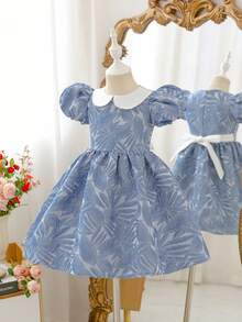 SHEIN Glamorique Kids 女童碎花腰部泡泡袖薄纱优雅派对连衣裙，适合所有季节 - 藍色 - 查看 8