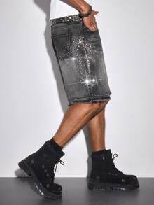 ROMWE MEN Street Life Men's Casual Washed Rhinestone Denim Shorts - Black - View 8