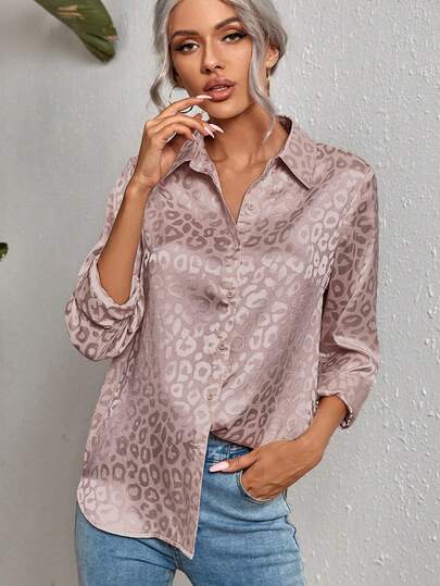 SHEIN Clasi 女士休闲豹纹提花长袖衬衫，春秋季