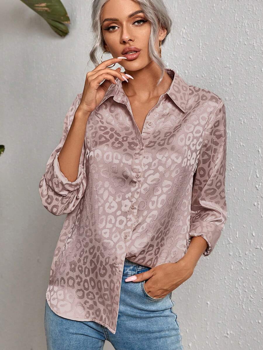SHEIN Clasi Women's Casual Leopard Print Jacquard Long Sleeve Shirt, Spring/Autumn - Dusty Pink - View 1