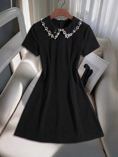 GlowEve Women's Peter Pan Collar Faux Pearl Decor Elegant Waist Cinched Mini Dress, Suitable For Dates And Parties