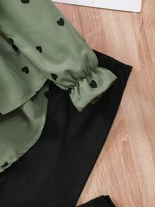 SHEIN Tween Girl 心形印花长袖衬衫裙（配腰带和紧身裤）套装 - 軍綠色 - 查看 6