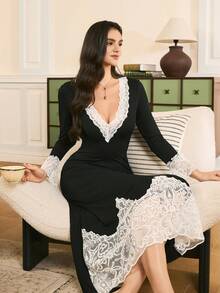 Moireta Áo ngủ ôm sát gợi cảm phối ren thanh lịch, váy ngủ dài kiểu Pháp quyến rũ, áo ngủ đen lãng mạn dành cho phụ nữ. - màu đen - Xem 1