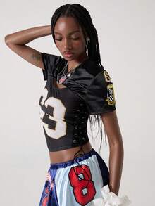 ROMWE Avant 女士街头风运动针织露脐镂空T恤 - 黑色 - 查看 5