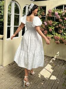 Lyrianda Đầm dài ngang gối dáng suông, cổ vuông, tay phồng, nhún bèo, thắt nơ, kiểu dáng thanh lịch cổ điển, thường ngày, dễ thương, thích hợp cho kỳ nghỉ. - trắng - Xem 2