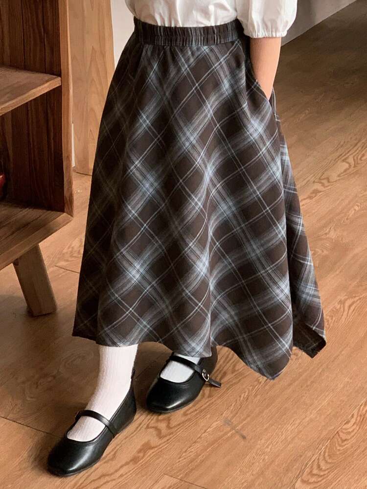 Young Girls Woven Plaid Asymmetric Skirt, Fall