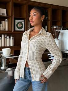 Muchica Women's Plaid Cinched Waist Slim Fit Long Sleeve Shirt  For Going Out Outfits, Back To School,Streetwear, Y2K Clothes - Multicolor - View 4