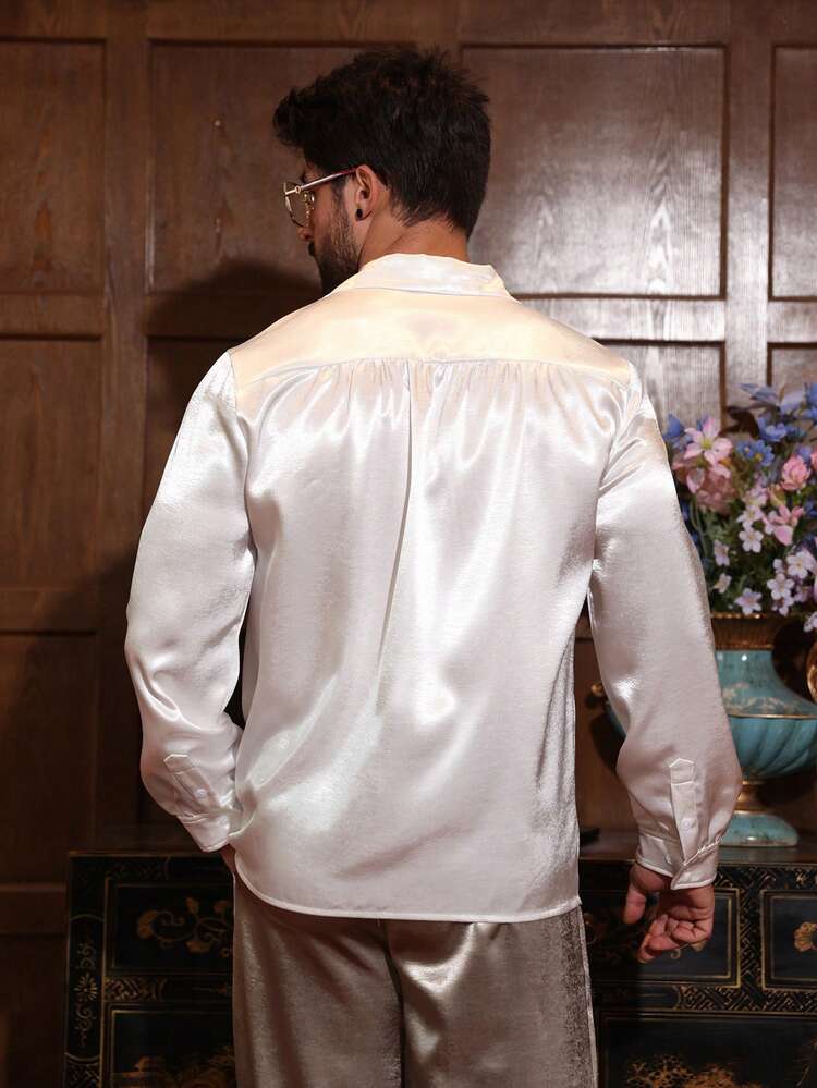 Men's Solid White Satin Poplin Shirt, Summer Long Sleeve Tops Women