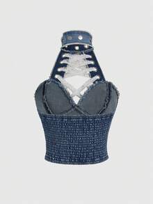 ROMWE J-Fashion Y2K 性感系带露脐牛仔上衣（女款） - 白色 - 查看 2