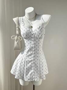 Elamini Polka Dot Camisole Waist Fitted Sexy Mini A-Line Dress - White - View 6