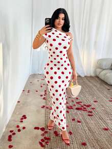 SHEIN SXY 女士波点优雅收腰不对称露肩长连衣裙，适合约会和派对穿着 - 彩色 - 查看 3