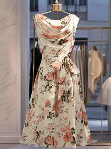 GlowEve CURVE 大码女式流行印花优雅无袖垂褶领系腰连衣裙，适合工作、日常穿着和聚会。 - 彩色 - 查看 4