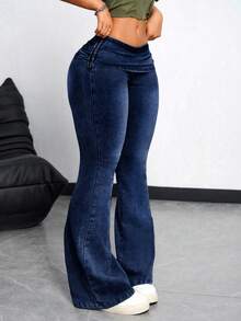 Rivivi 女士休闲时尚喇叭褶皱腰部牛仔裤 - 藍色 - 查看 5