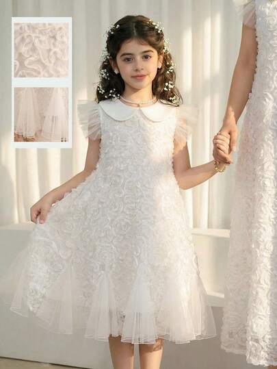 少女3D立体花卉装饰彼得潘领短袖可爱连衣裙