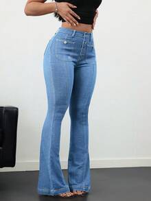 SHEIN Tall CURVE 大码女式复古蓝色牛仔喇叭裤 情人节狂欢节时尚喇叭裤 - 淺色水洗藍 - 查看 5
