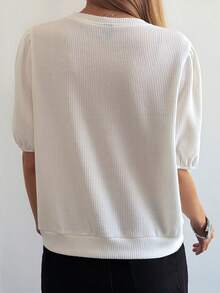 DAZY Women's V-Neck Ribbed Bow Decor Casual Versatile Daily Wear Short Sleeve T-Shirt - White - View 5