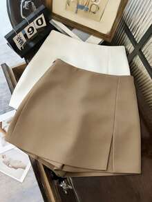 Franclia 时尚休闲通勤百搭质感柔软面料高腰开衩灰色女式短裤/半裙/阔腿裤/热裤，春秋季 - 卡其色 - 查看 2