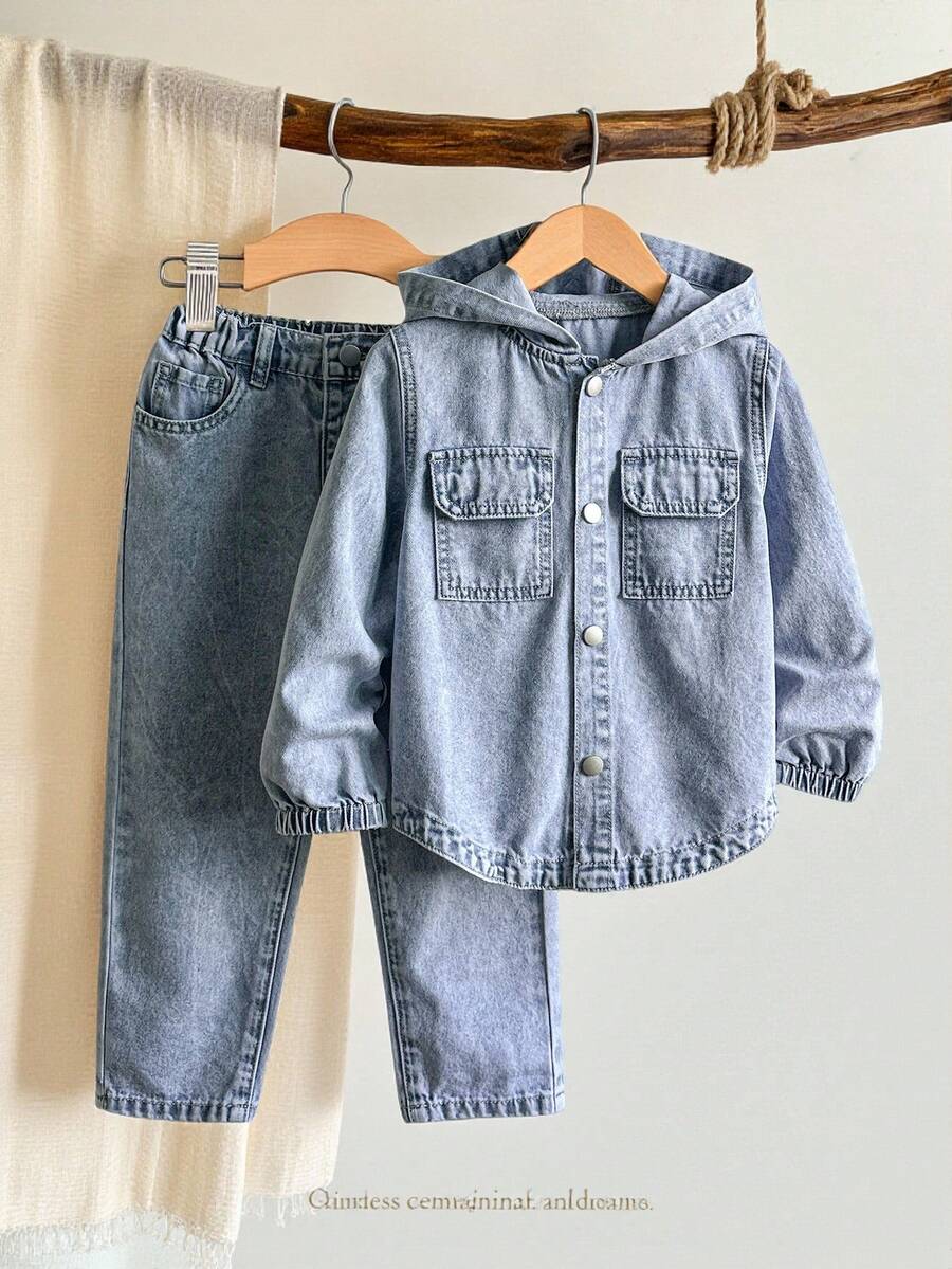 春夏新款少女牛仔两件套，浅蓝色水洗连帽牛仔外套+牛仔裤，休闲百搭，适合上学、度假和户外活动穿着，柔软舒适。 - 淺色水洗藍 - 查看 1