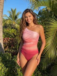 SHEIN MOD 女士时尚渐变性感网纱拼接连体泳衣，适合海滩度假和夏季穿着 - 粉色 - 查看 2