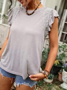 Freevana Áo thun nữ cỡ lớn màu trơn cổ tròn tay ngắn phối ren tương phản kiểu dáng thường ngày - Lạc đà - Xem 1