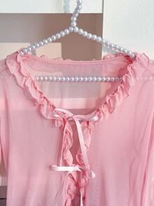 PetitDoll 2件套女士性感网纱荷叶边长袖连衣裙，情人节 - 淺粉色 - 查看 8