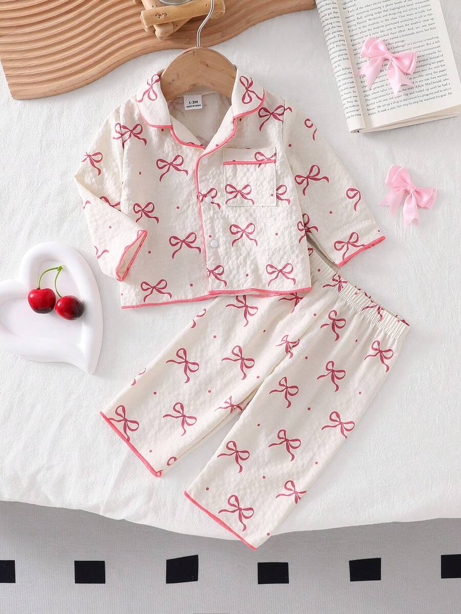Newborn Baby Pajamas-2 Piece Pajama Set Cream And Pink Bow Print Round Neck Long Sleeve Long Pants Pajama Set Infant Sleepwear Everyday Home Sleep Play Cute Bow Pattern Minimal Soft Look All Season 2026 Holiday Essential Gift Idea Baby Girl Summer Pajama - Multicolor - View 1