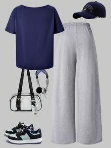 SHEIN Sparklyn 2件套 少女休闲时尚露肩字母印花宽松T恤和阔腿灰色裤子，春夏款 - 彩色 - 查看 2