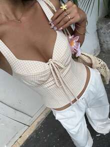 Pariaura Áo hai dây nữ kiểu retro kẻ caro, thắt nơ ở eo, thiết kế độc đáo, thích hợp cho kỳ nghỉ xuân/hè. - Màu be - Xem 3