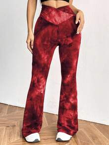 SHEIN EZwear 酒红色加大码扎染弹力舒适修身喇叭裤，夏季 - 酒紅色 - 查看 3
