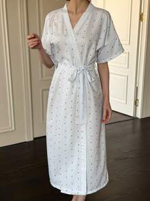 SHEIN Napfluff 女士夏季条纹樱桃印花系带裹身睡袍 - 藍白色 - 查看 3