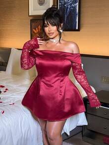 NU&NOW Elegant Plus Size Women Burgundy Off-Shoulder Lace Patchwork Mini Satin Dress,Autumn Birthday Party,Graduation Dance,Evening Date,New Year Outfit - Burgundy - View 1