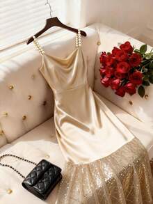 Franclia Elegant Satin Pearl Halter Neck A-Line Dress With Sequined And Sequined Trim, Perfect For Parties, Dates, Minimalist Style, And Sophisticated Looks. Suitable For Summer, Summer Wear, And Various Occasions. Also Suitable For Weddings, Parties, And Events. Ideal For Bridesmaids, And More. - Apricot - View 5