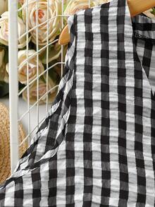 Linhara 女士大码春夏无袖拼接芙蓉花边下摆简约V领条纹丝网印花仿刺绣休闲连衣裙，正面带纽扣。 - 黑與白 - 查看 4