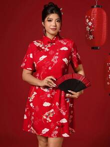 Elenzga 大码女式中国风印花连衣裙，活泼、可爱、充满活力、优雅，适合度假、新年、节日、派对、情人节等场合，浪漫连衣裙 - 彩色 - 查看 6