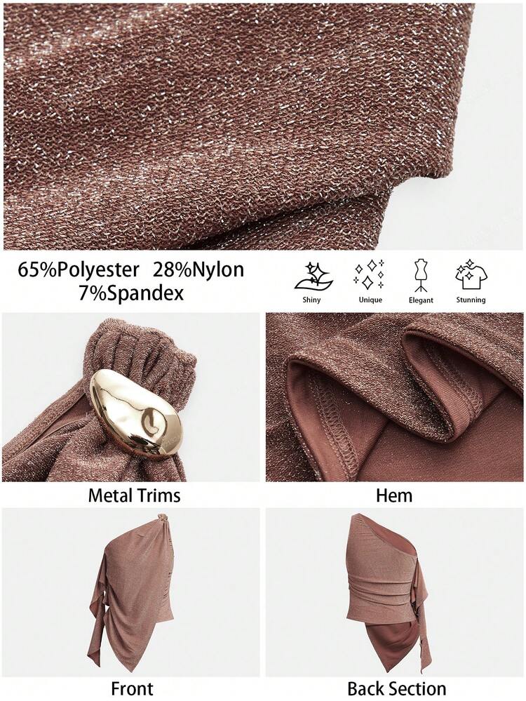 SHEIN Maija Blusa sin mangas de moda brillante con diseño de bajo asimétrico, textura brillante, especialmente elaborada para ambiente de fiesta. Adecuada para reuniones de Año Nuevo, citas de San Valentín y otras ocasiones festivas.