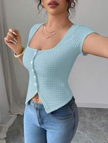 Selianne Women's Summer Square Neck Fitted T-Shirt, Knitted Crinkle Texture Fabric, Front Slit Hem Cardigan, Suitable For Casual, Party, Date, Vacation Wear Baby Blue Top Women Baby Blue Tops Women Tops Light Blue Top Sexy Top Fitted Tops Sexy Women Tops Clothes For Ladies - Blue - View 6