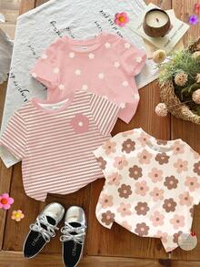 3件套可爱花卉系列，奶油白、粉色条纹、粉白相间，少女休闲简约圆领短袖百搭T恤，适合日常、居家、度假等场合，可轻松搭配，舒适百搭，适合叠穿，时尚少女，休闲装，儿童花卉图案服装，时尚秋季，冬季新款，清凉舒适。 - 彩色 - 查看 1
