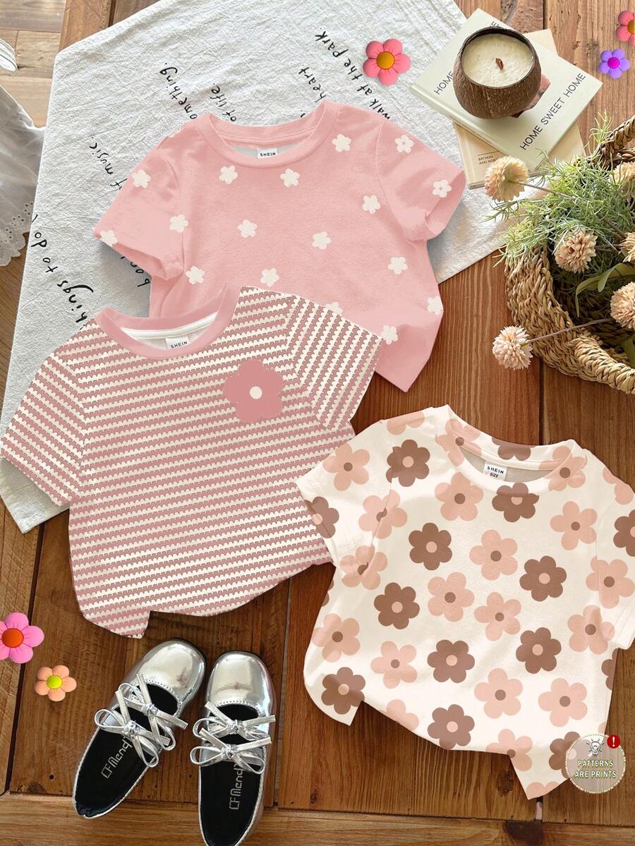 3件套可爱花卉系列,奶油白、粉色条纹、粉白相间,少女休闲简约圆领短袖百搭T恤,适合日常、居家、度假等场合,可轻松搭配,舒适百搭,适合叠穿,时尚少女,休闲装,儿童花卉图案服装,时尚秋季,冬季新款,清凉舒适。 - 彩色 - 查看 1