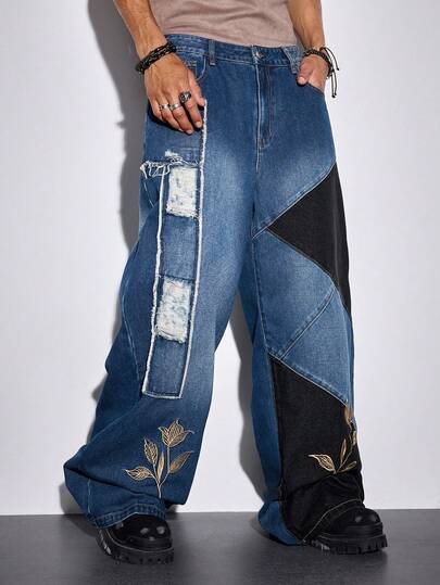 Street Life Jeans casuales holgados con pierna ancha, bolsillo bordado con flores y desgastados para hombres