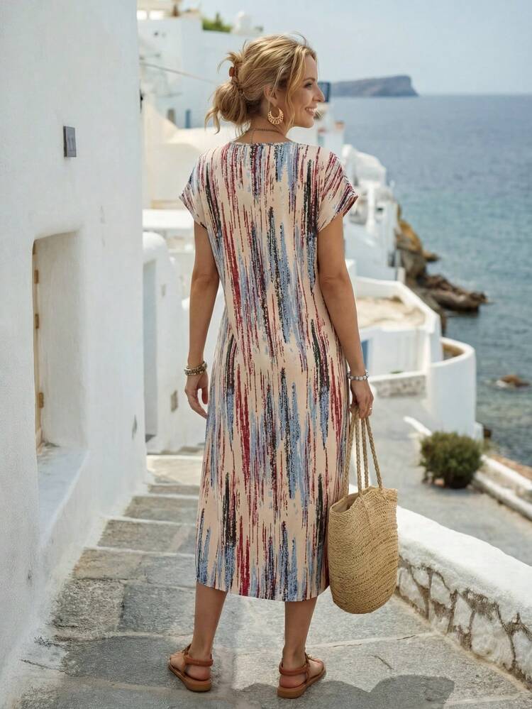 Women's Round Neck, Double Pocket , Colorful Striped Long Summer Dress