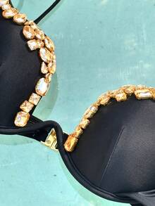 Swim SXY 华丽水钻装饰钢圈女士泳装套装，性感比基尼两件套，优雅女士泳装，适合海滩度假、音乐节、春夏穿着 - 黑色 - 查看 3